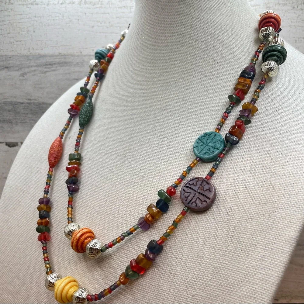Beautiful Unsigned Multi Color Seed Bead Beaded Long Statement Necklace